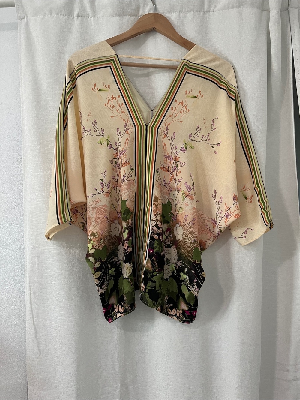 Rose & Olive Cream Floral Kimono Top with Green and Black Accents - Picture 4 of 7